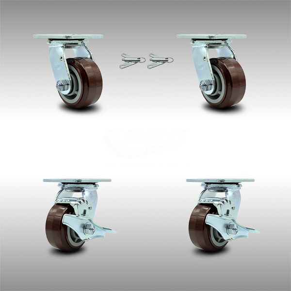 4 Inch SS Polyurethane Caster Set with Ball Bearings 2 Swivel Lock 2 Brake SCC